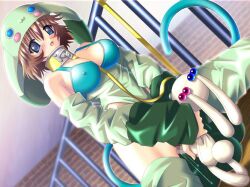 2000s_(style) bare_shoulders bikini bikini_top_only blue_bikini blue_eyes blush bob_cut breasts brown_hair censored character_hat clothes_pull collar collarbone cosplay covered_nipples detached_sleeves dildo dutch_angle female female_masturbation game_cg hair_between_eyes holding holding_sex_toy holding_stuffed_toy indoors kanojo_(private_room_2) kneeing large_breasts leash masturbation metal_collar object_insertion ogura_hiroko open_mouth pants pants_pull private_room_2 pussy pussy_juice raised_inner_eyebrows sex_toy smile spread_legs stuffed_toy swimsuit third-party_source vaginal_object_insertion vaginal_penetration