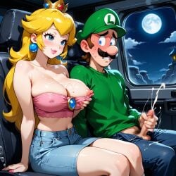 1boy 1girls ai_generated balls blonde_hair blue_eyes blue_pants blush bodily_fluids breast_grab breasts cleavage clothing crown cum cumshot duo ear_piercing ejaculation facial_hair female genitals grabbing_breast green_hat green_shirt hand_on_penis in_car light-skinned_female light-skinned_male light_skin long_hair looking_at_another luigi male male/female mario_(series) masturbation mature mature_female mature_male moon nervous night nintendo nipples orgasm penis pink_shirt princess princess_peach red_face royalty shirt sitting smile straight testicles voluptuous voluptuous_female window