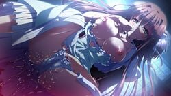 1boy aqua_eyes areolae blush breast_grab breasts brown_hair cameltoe dress embarrassed female fingering game_cg large_breasts long_hair male natsuzora_no_perseus night nipples panties pantyshot sawatari_tohka shouna_mitsuishi straight thighs underwear upskirt white_panties yuzuna_hiyo