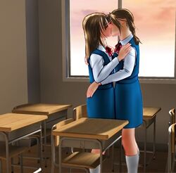 2girls brown_hair classroom desk evening female female_only hand_on_thigh ishikura_syouji jpeg_artifacts kissing multiple_girls school_uniform yuri