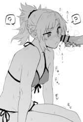 1boy 1girls bar_censor bikini blush braid breasts censored commentary_request erect_nipples fate/grand_order fate_(series) female french_braid from_side greyscale groin highres kagto_(alterna) male male_out_of_frame medium_hair monochrome mordred_(fate) mordred_(swimsuit_rider) nose_blush penis penis_in_front_of_face penis_on_face ponytail raised_eyebrow reluctant scrunchie short_ponytail side-tie_bikini simple_background sitting small_breasts spoken_question_mark straight sweat swimsuit trembling veins veiny_penis visible_breath white_background