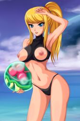 arm_up armpits blonde_hair blue_eyes breasts erect_nipples female female_only human large_breasts long_hair metroid metroid_(creature) navel nintendo ocean ponytail samus_aran sigurdhosenfeld solo super_metroid tied_hair