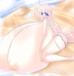 1girls ahoge anatomically_incorrect beach blush body_blush breast_rest breasts bursting_breasts busty cleavage gigantic_breasts hands_on_breasts heart huge_nipples hyper_breasts immobile long_hair nipples oppai original original_character pink_hair purple_eyes sitting soft source_request text thick_thighs water wet yant yanti_(character)