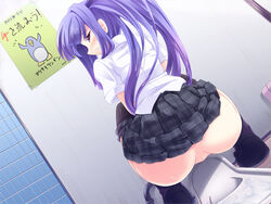 female anus ass blush censored highres looking_back no_panties original purple_hair pussy solo squatting toilet toilet_use torisan trashcan