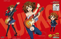 1girls bracelet brown_eyes brown_hair earrings electric_guitar english_text female female_only guitar guitar_pick hair_ornament heart human japanese_text jeans k-on! looking_at_viewer microphone microphone_stand miniskirt navel open_mouth pussy school_uniform stockings watermark wink yui_hirasawa_(k-on!)