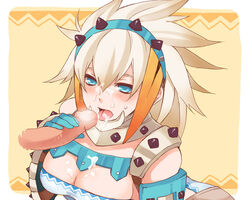 armor barioth_(armor) blue_eyes breasts capcom cleavage cum facial monster_hunter monster_hunter_3 oral penis uncensored