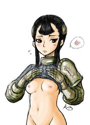 1girls armor ashei black_hair blush bottomless breasts brown_eyes clothing embarrassed female kurita long_hair nintendo nipples pointy_chin shirt shirt_lift solo standing straight_hair the_legend_of_zelda twilight_princess