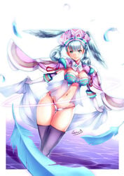 1girls alternate_costume artist_name blue_eyes blue_hair breasts cleavage feathers female female_only gainoob groin large_breasts looking_at_viewer medium_hair melia_antiqua navel nintendo panties pose shiny shiny_skin smile solo thighhighs thighs underwear water wide_hips wings xenoblade_(series) xenoblade_chronicles