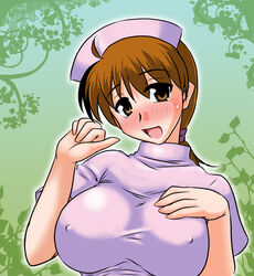 1girls breasts brown_eyes brown_hair delia_ketchum_(pokemon) human human_only large_breasts milf nipples npc_trainer nurse nurse_(pokemon) pokemon ponytail smile tied_hair