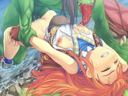 bottomless breasts censored clenched_teeth clothing cum cum_inside dark_matrix empty_eyes green_eyes huge_tongue long_hair monster moonshell mutant_dragonoid nipples orange_hair ragnarok_online rape sex shoes small_breasts super_novice super_novice(ragnarok_online) tears tongue torn_clothes vaginal_penetration water