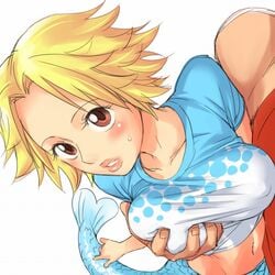 1boy 1girls blonde_hair blush breast_grab breasts brown_eyes camie female female_focus grope groping lips male mermaid monkey_d_luffy monster_girl mosha one_piece short_hair straight_hair unseen_male_face