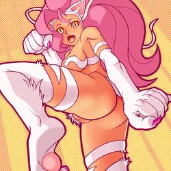 alternate_hair_color animal_ears anti-earth_bomb ass breasts capcom cat_ears cat_tail darkstalkers fangs felicia female leg_up long_hair medium_breasts open_mouth pink_hair pixiv_manga_sample pussy resized slit_pupils solo tail uncensored yellow_eyes