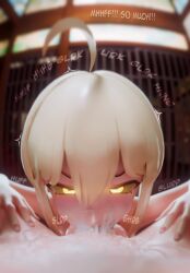 3d 3d_(artwork) ahoge angry angry_face artoria_pendragon artoria_pendragon_(alter) blender blender_(software) blender_cycles blonde_hair blush chisahito choking_on_cock choking_on_cum choking_on_penis cum cum_in_mouth cum_overflow cum_overflowing fate/grand_order fate_(series) glowing_eyes japanese_room looking_at_viewer nude nude_female saber_alter text yellow_eyes