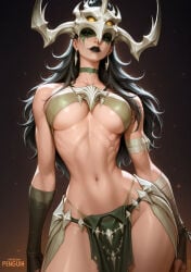 1boy 1girls ai_generated bare_arms bare_breasts bare_legs bare_shoulders bare_thighs big_breasts black_hair color female fit fit_female goddess hela hela_(marvel_rivals) hela_(savage_monarch) large_breasts light-skinned_female light_skin lipstick long_hair looking_at_viewer marvel marvel_rivals penguih solo solo_female solo_focus underboob