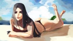 arc_system_works ass barefoot beach bikini black_hair crop_top eyeshadow feet_up guilty_gear guilty_gear_strive lipstick long_hair on_stomach pivotkraner smile testament_(guilty_gear) thong