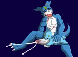 abs anthro anthrofied closed_eyes cum cumshot digimon duo erection handjob humanoid_penis kittikary looking_pleasured male nude orgasm penis scar sitting size_difference spread_legs spreading tongue tongue_out veemon yaoi