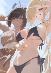 2girls alternate_costume asuna_(blue_archive) bare_shoulders big_breasts bikini black-haired_female black_bikini black_hair blue_archive blue_eyes blue_sky blush breasts brown-haired_female brown_hair chocolate_and_vanilla cleavage dark-skinned_female dark_skin double_v female female_only female_torso grin gyaru_v hair_over_one_eye halo halterneck highres karin_(blue_archive) large_breasts light_brown_hair long-haired_female long_hair looking_at_viewer modare multiple_girls navel outdoors ponytail side-tie_bikini_bottom sideboob sky smile string_bikini swimsuit teeth underboob v very_long_hair voluptuous voluptuous_female white_bikini yellow_eyes