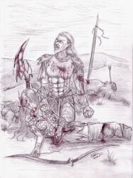 2005 abs after_battle arrow_in_forehead black_and_white_and_red blood blood_from_mouth blood_in_mouth blood_on_armor blood_on_face blood_on_forehead blood_on_ground blood_on_hair blood_on_sword blood_on_torso blood_on_weapon bodily_fluids bow_(weapon) canon_couple closed_eyes clothed clothing crying dark_elf dated death elf empty_eyes eye_scar facial_scar female female_death gloves graphite_(artwork) grass group handwear hi_res hill holding_another's_head human humanoid humanoid_pointy_ears impalement laurelinad maegalcarwen male male/female male_death male_ryona mammal melee_weapon mourning not_furry open_mouth pecs plant pointy_ears ranged_weapon sabrina_pohle sacred_(video_game) sacred_(video_game_series) scar shoulder_pads signature sword tears thq_nordic topless topless_humanoid topless_male town_bowstring traditional_media_(artwork) trio weapon wood_elf wound_on_arm wound_on_chest wound_on_leg wound_on_stomach
