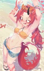 absurdres armpits arms_up ball bangs_pinned_back beach beachball bikini bikini_bottom_under_shorts bikini_under_clothes black_horns blue_archive crab denim denim_shorts dragon_girl dragon_horn dragon_tail eyeshadow female flip-flops hairband halo highres hitogata_ningen holding holding_ball holding_beachball horns long_hair looking_down makeup navel o-ring o-ring_bikini official_alternate_costume open_clothes open_shorts orange_hairband red_eyeshadow red_hair red_halo red_tail renge_(blue_archive) renge_(swimsuit)_(blue_archive) sandals shorts single_horn solo sweat swimsuit tail yellow_bikini