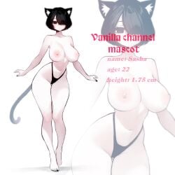 1girls black_eyes black_hair boobs cat_ears cat_tail feet information looking_at_viewer mascot short_hair text vanillian_gigo_(artist)
