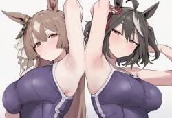 2girls armpits black_hair brown_hair horse_ears horse_girl kitasan_black_(umamusume) large_breasts long_hair looking_at_viewer presenting_armpit satono_diamond_(umamusume) school_swimsuit umamusume