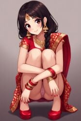 ai_generated bangles cute cute_face earrings gold_jewelry high_heels hugging_legs indian_clothes jhumka legs_together panties pantyshot petite pink_panties red_high_heels red_saree saree smile squatting underwear