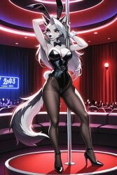 1woman ai_generated anime_style anthro audience big_boobies big_breasts black_bow_tie black_bunny_ears black_bunnysuit black_eyeliner black_heels black_pantyhose black_pupils black_stiletto_heels blue_glow bow_tie breasts bunny_ears bunny_tail bunnysuit canid canid_demon canine canis cleavage cotton_tail demon demon_girl eyeliner eyeshadow female fluffy_tail furry furry_female furry_only furry_wolf grey_eyeshadow grey_fur grin grinning grinning_at_viewer heels hellaverse hellhound helluva_boss high_heels hourglass_figure hourglass_figured_female lights loona_(helluva_boss) metal_pole mythological_canine mythological_creature mythology neon_lights night on_stage open_mouth performance playboy_bunny playboy_bunny_costume pole pole_dancing red_curtains red_sclera seats sexy sexy_body sexy_female sexy_girl sexy_pose sexy_woman silver_hair silver_hair_female standing stiletto_heels strip_club tail white_eyes white_fur white_irises wolf wolf_ears wolf_girl wolf_tail