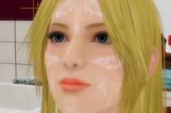 3d bathroom blonde_hair cum dead_or_alive facial_cum futanari helena_douglas human intersex tongue_licking xnalara xnalara_futanari