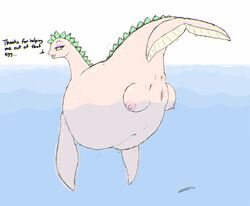 above_average_crotchboobs anus big_breasts breasts chubby crotchboobs eyelashes female feral green_eyes looking_at_viewer looking_back open_mouth partially_submerged pussy raised_tail serendipity serendipity_the_pink_dragon solo underwater water zevex