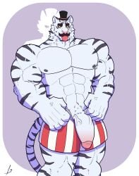 abs anthro arknights armpit_hair body_hair boxers_(clothing) clothing facial_hair fangs felid fur genitals hat headgear headwear hi_res humanoid_genitalia humanoid_penis hypergryph male mammal moncef mooncid mountain_(arknights) moustache muscular muscular_anthro muscular_male nipples pantherine pecs penile penis possession solo standing striped_body striped_fur stripes studio_montagne tail teeth tiger top_hat underwear vein veiny_penis