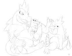 3boys alligates animal_genitalia anthro anthrofied balls black_and_white claws clothing croconaw drooling erection fangs feet fellatio feraligatr group group_sex half-closed_eyes huge_cock interspecies knot licking licking_lips line_art male male_only masturbation monochrome nintendo nude on_lap open_mouth oral ordile penis penis_lick pokemon saliva scalie sex seyrmo signature sitting size_difference smile soles spikes swimsuit tail text threesome tongue tongue_out totodile video_games waninoko yaoi