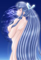 1girls 2001 blue_hair blush breasts closed_eyes female from_behind ice large_breasts light-skinned_female light_skin long_hair nipples nude oyuki ponytail princess sideboob solo standing teeth tengafub tied_hair urusei_yatsura very_long_hair yuki_onna