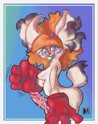 oc furry furry_only fennec fennec_fox orange_hair blue_eyes solo solo_focus solo_futa solo_anthro anthro anthro_only futanari futa_only futa_focus makeup light_body big_ears clown_makeup clown_nose light_fur hair_elastic curly_hair afro tail gloves gloves_only red_gloves big_gloves big_hands jerking_off_hand_motion imminent_masturbation imminent_sex smile smiling smiling_at_viewer smile_at_viewer looking_at_viewer eyelashes green_lipstick green_lips purple_blush naked mostly_nude mostly_nude_anthro mostly_naked mostly_nude_futa nude_futa 1futa 1futanari naked_futa medium_breasts breasts areola areolae nipples big_penis penis canine_penis canine blunt_bangs simple_background artist_name artist_signature makuri_furudo