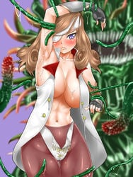 beatrix_(final_fantasy) big_breasts blue_eyes blush breasts brown_hair cleavage female final_fantasy final_fantasy_ix imminent_tentacle_sex muscular navel open_jacket pantyhose restrained_by_tentacles tentacle tentacles_around-arms tentacles_around_legs undressing