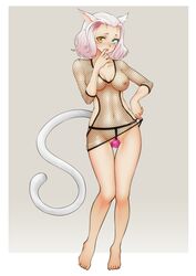 animal_ears barefoot breasts c-string cat_ears cat_tail facial_mark female final_fantasy final_fantasy_xiv finger_in_mouth fishnets magnifire miqo'te navel nipples pink_hair short_hair solo standing tail toes