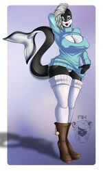 2015 anthro arm_behind_head big_breasts black_skin blue_eyes boots breasts cetacean cleavage clothed clothing elain female footwear hair legwear lips llmixll looking_at_viewer mammal marine orca pose pussy red_lips shirt short_hair smile solo standing stockings thick_thighs whale white_hair white_skin wide_hips