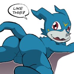 anthro balls cel_shading cute_fangs dialogue digimon english_text jerseydevil looking_at_viewer looking_back lying male male_only on_front open_mouth perineum raised_tail rear_view scalie solo talking_to_viewer text veemon