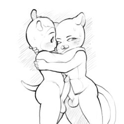 2015 anthro ass balls blush duo feline frottage greyscale hug humanoid_penis kaboozey kissing kwazii male mammal monochrome mustelid octonauts otter penis plain_background precum saliva saliva_string sex shellington standing sweat white_background yaoi