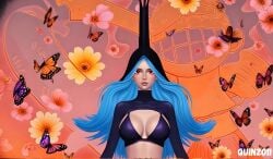 1girls 3d ai ai_art ai_generated artist_logo artist_name black_bra blue_hair bluesky_link bra breasts butterflys crown female female_focus female_only flowers flowers_in_background gear_5_luffy imu long_hair looking_at_viewer monkey_d_luffy nefertari_lili one_piece possessed possession quinzo11 red_eyes red_lips red_lipstick shounen_jump toei_animation