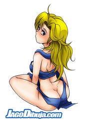 ass ass_cleavage ayla back_view blonde_hair blue_eyes butt_crack cavewoman chrono_trigger clothed female female_only freckles from_above highres jago_dibuja loincloth long_hair looking_back looking_up no_panties simple_background sitting sitting_indian_style solo square_enix