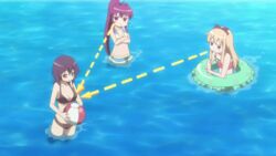 3girls animated ball beach beach_ball bikini blonde_hair breast_envy breasts brown_hair cleavage female female_only flat_chest funami_yui hair jealous long_hair lowres multiple_girls ponytail purple_hair ribbon small_breasts standing sugiura_ayano swimsuit toshinou_kyouko water yuru_yuri