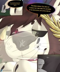 absurd_res anthro boop cuddling dialogue domestic_cat felid feline felis gentle_giant glowing glowing_eyes heterochromia hi_res hug kralex leaf leaf_crown macro male male_only mammal mangledtoska micro nose_boop snout ych_(character)