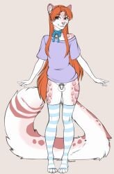 accelo accelo_(character) anthro balls bell bell_collar blue_clothing blue_eyes blue_footwear blue_socks bottomless bottomless_anthro bottomless_male chastity_cage chastity_device clothed clothing collar felid footwear fur genitals hair heterochromia hi_res legwear long_tail male mammal metal_chastity_cage open_toe_socks orange_hair pantherine pattern_clothing pattern_footwear pattern_legwear pattern_socks pink_body pink_eyes pink_fur purple_clothing purple_topwear snow_leopard socks striped_clothing striped_footwear striped_socks stripes tail topwear white_body white_clothing white_footwear white_fur white_socks