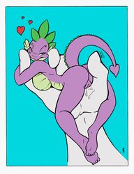 alex_spastic anthro barb_(mlp) blue_background breasts dragon female friendship_is_magic green_eyes half-closed_eyes heart looking_at_viewer looking_back my_little_pony nude plain_background pussy pussy_juice rule_63 scalie seductive slit_pupils smile smooth_skin solo spike_(mlp)