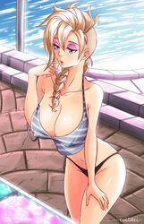 alternate_hairstyle arched_back black_panties blonde_hair braid breasts cleavage covered_nipples disney elsa_(frozen) evildei eyeshadow female female_only finger_to_mouth frozen_(film) hand_on_thigh highres huge_breasts human ice_cream large_breasts long_hair makeup nipple_bulge no_bra open_mouth outdoors panties pokies single_braid solo strap_slip striped striped_shirt tank_top thong