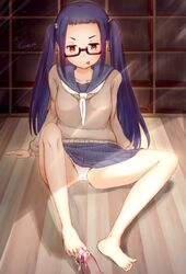 1boy blue_hair blush cum cum_on_lower_body female footjob glasses oogaki_chiaki panties red_eyes sakitsurumura skirt underwear upskirt white_panties yurucamp