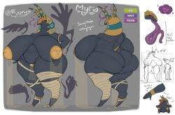 2024 absurd_res anthro armband artist_name ass back_rolls belly big_belly big_breasts big_butt black_body breasts character_name clothing cofagrigus curvy_figure duo erection female female_anthro front_view full-length_portrait fusion generation_5_pokemon gold_panties hi_res huge_breasts huge_butt huge_thighs human hybrid hyper hyper_tongue mammal metal_pasties model_sheet multiple_angles mummy_wrappings myria_(thesaimos) navel nintendo overweight overweight_anthro overweight_female panties pasties pokemon pokemon_(species) pokemon_fusion portrait purple_tongue rear_view red_eyes scolipede solo text thesaimos thick_thighs three-quarter_portrait tongue underwear venus_figure voluptuous