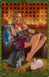 1girls barefoot blonde_hair breasts canine card cd_projekt_red dress feet female gwent keira_metz large_breasts light-skinned_female long_hair looking_at_viewer medium_hair milf mole nail_polish necklace nipples petite pink_nails puppy rabbit seductive_eyes seductive_look seductive_smile sitting slim smile solo sorceress temeria the_witcher_(series) the_witcher_3:_wild_hunt vintem wristband yellow_eyes