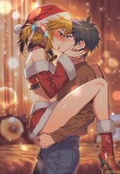 2boys ai_art ai_generated almond_eyes bare_shoulders black_hair blue_eyes blush boyfriend christmas christmas_clothing christmas_outfit couple couple_(romantic) crossdressing cute earrings femboy femboy_on_male feminine_male feminization flustered girly girly_boy golden_hair high_heels holding hug hylian hylian_ears kissing link link_(breath_of_the_wild) link_(tears_of_the_kingdom) long_hair long_nails luxica male_on_femboy males_only novelai red_nails romantic santa_costume santa_dress santa_hat the_legend_of_zelda trap twink yaoi