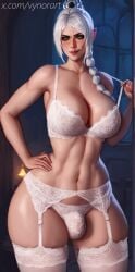 ai_generated baldur's_gate baldur's_gate_3 bedroom braid breasts bulge cowboy_shot curvy female fishnets futanari garter_belt green_eyes hair_ornament hand_on_hip indoors lace_bra lace_panties lace_trim large_breasts long_hair looking_at_viewer moonlight multi-tied_hair pointy_ears ponytail scar scar_on_face seductive_smile shadowheart solo standing strap_pull thick_thighs vynorart white_bra white_hair white_panties white_thighhighs wide_hips window